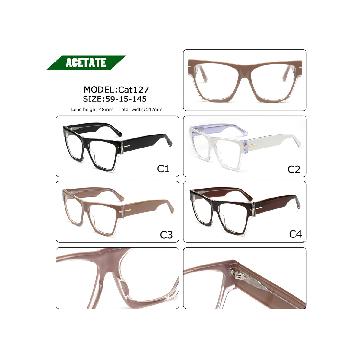 Cat127 acetate eyeglasses colors and frame measurements