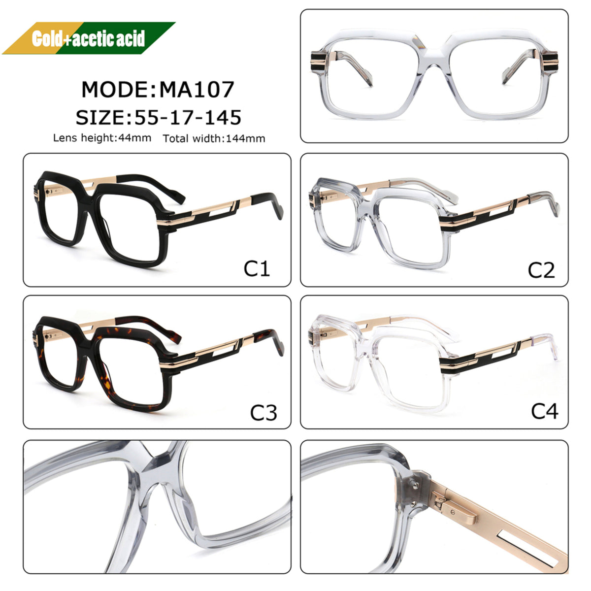 oversized square acetate metal eyeglass frames in black gray tortoise and clear