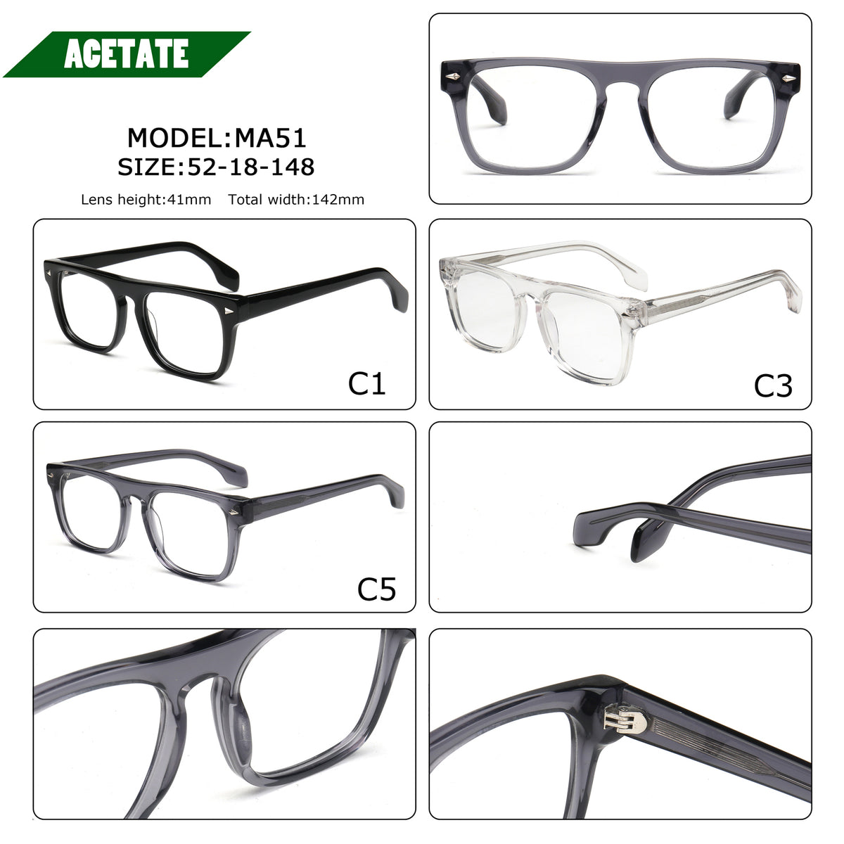 A product information collage for acetate square eyeglass frames
