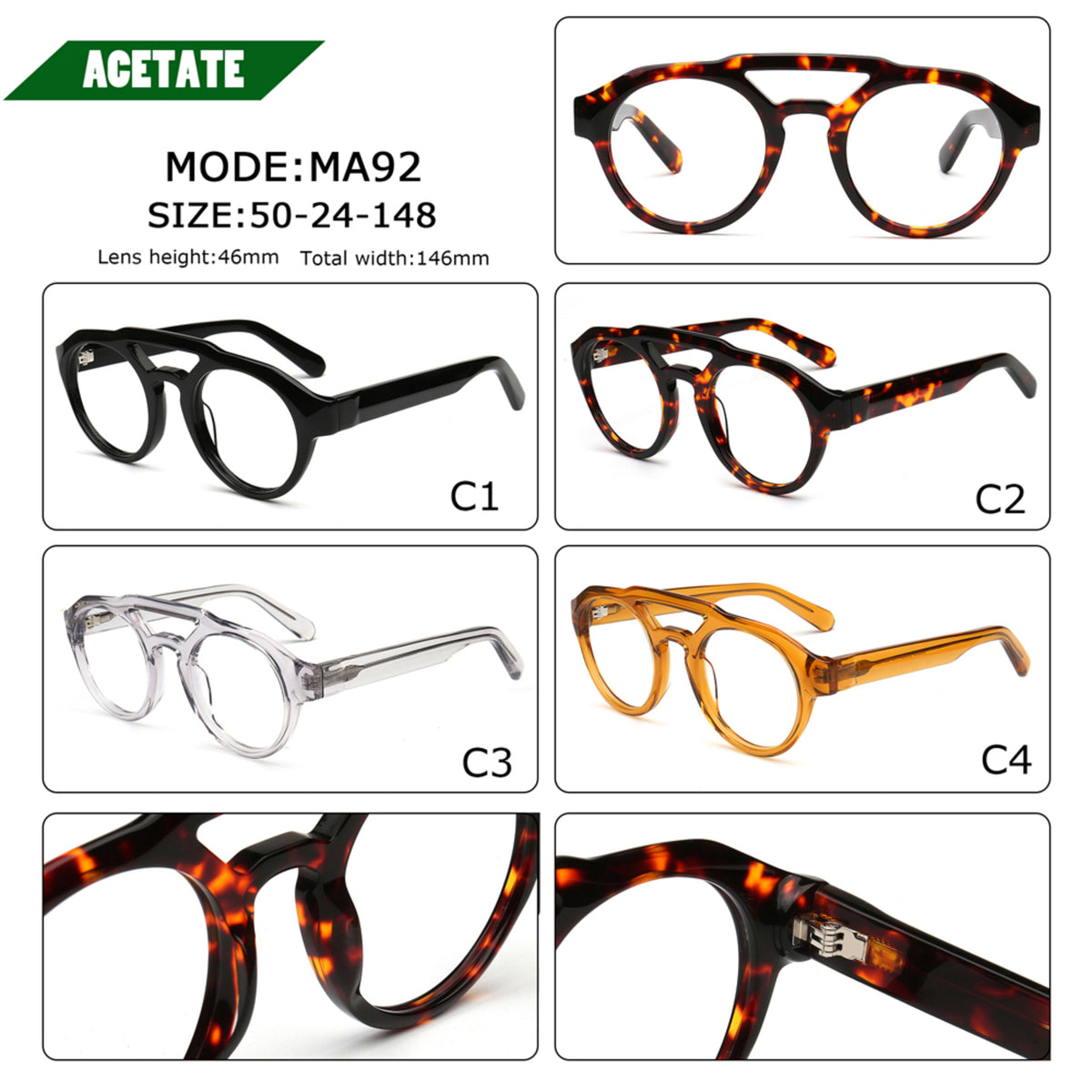 MA92 acetate eyeglasses colors and size chart