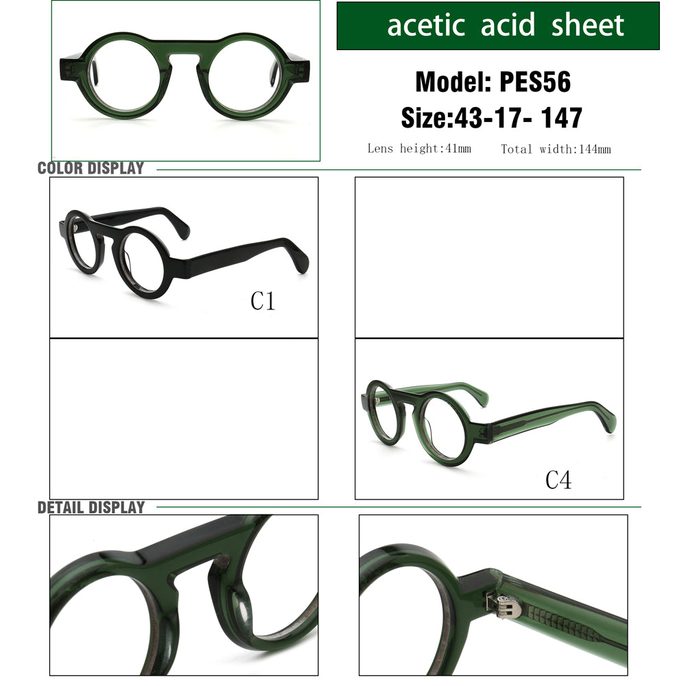 Green eyeglasses with specifications and color display on a white background