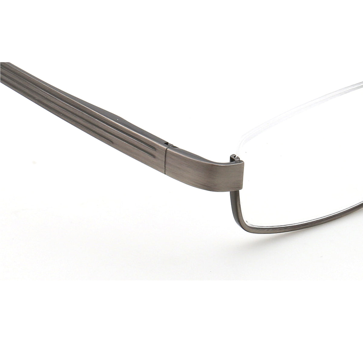 Close-up detail of Benedict rectangular half-rim metal eyeglasses