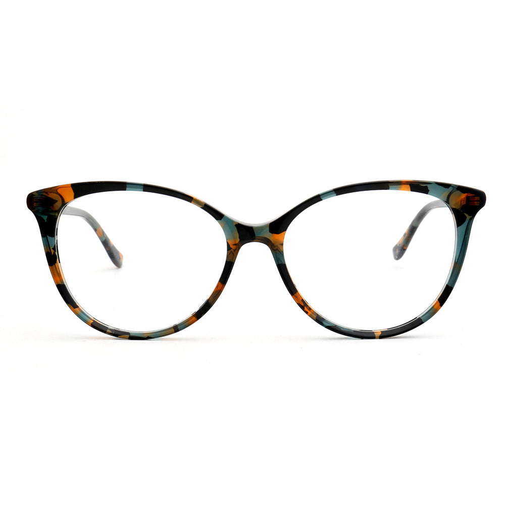 A pair of round full rim patterned eyeglass frames for women