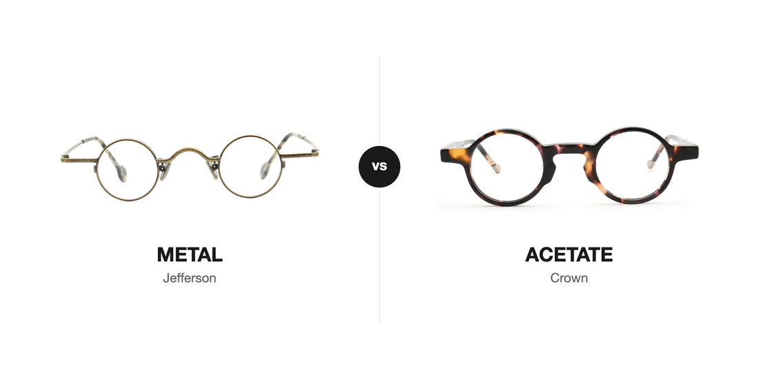 Acetate vs metal glasses: Jefferson round metal frame next to Crown round tortoise acetate frame