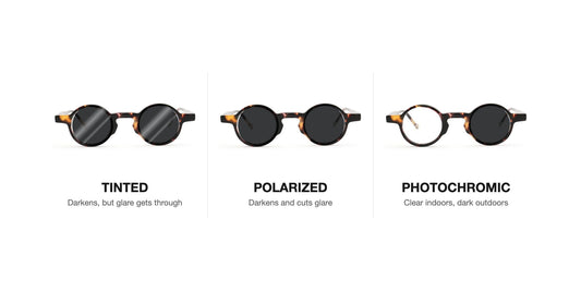 Tinted vs polarized vs photochromic lenses: glare through a tinted lens, no glare through a polarized lens, and a photochromic lens clear indoors and dark outdoors