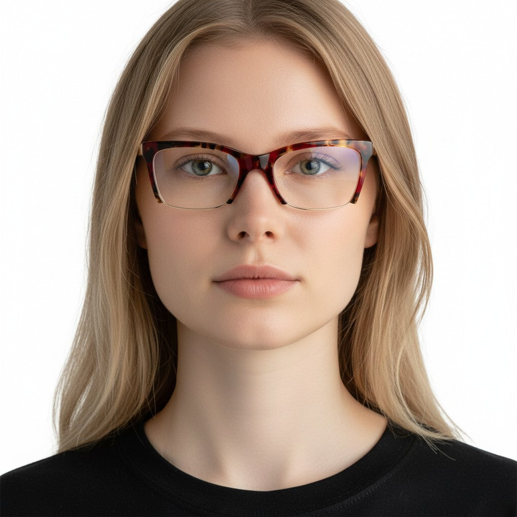 Isabel | Gafas de ojo de gato de media montura para mujer | Patrón moderno de caparazón de tortuga semi sin montura