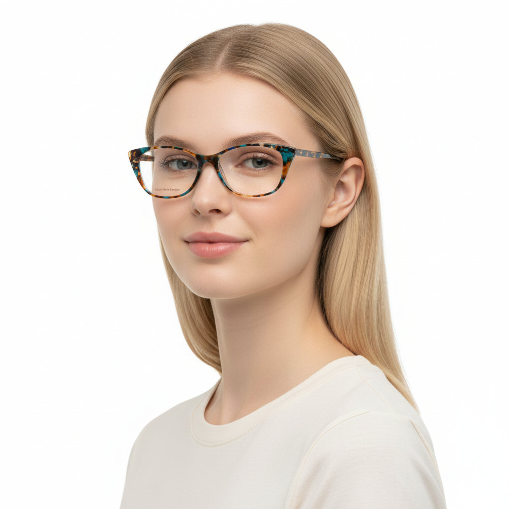 Woman wearing a pair of glasses with a white background