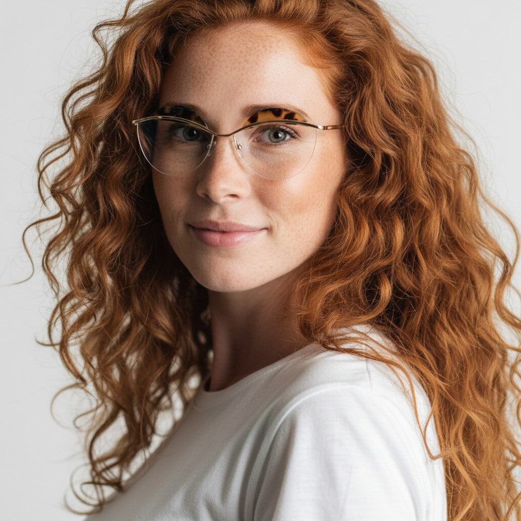 Cristal | Gafas estilo ojo de gato de metal semi sin montura para mujer | Montura de medio borde con diseño de cejas estampadas