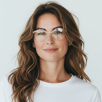 Cristal | Gafas estilo ojo de gato de metal semi sin montura para mujer | Montura de medio borde con diseño de cejas estampadas