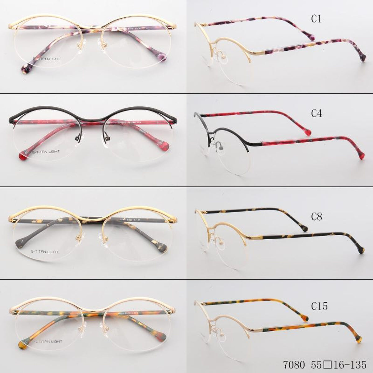 half-rim eyeglasses color options and size chart