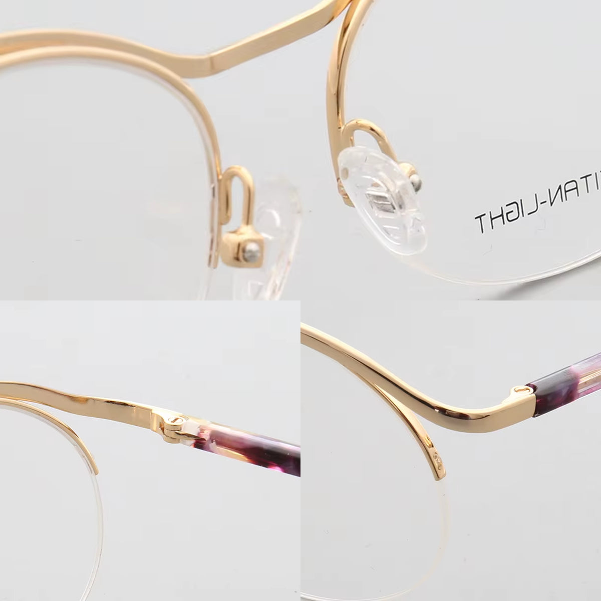 half-rim eyeglasses bridge hinge and temple details