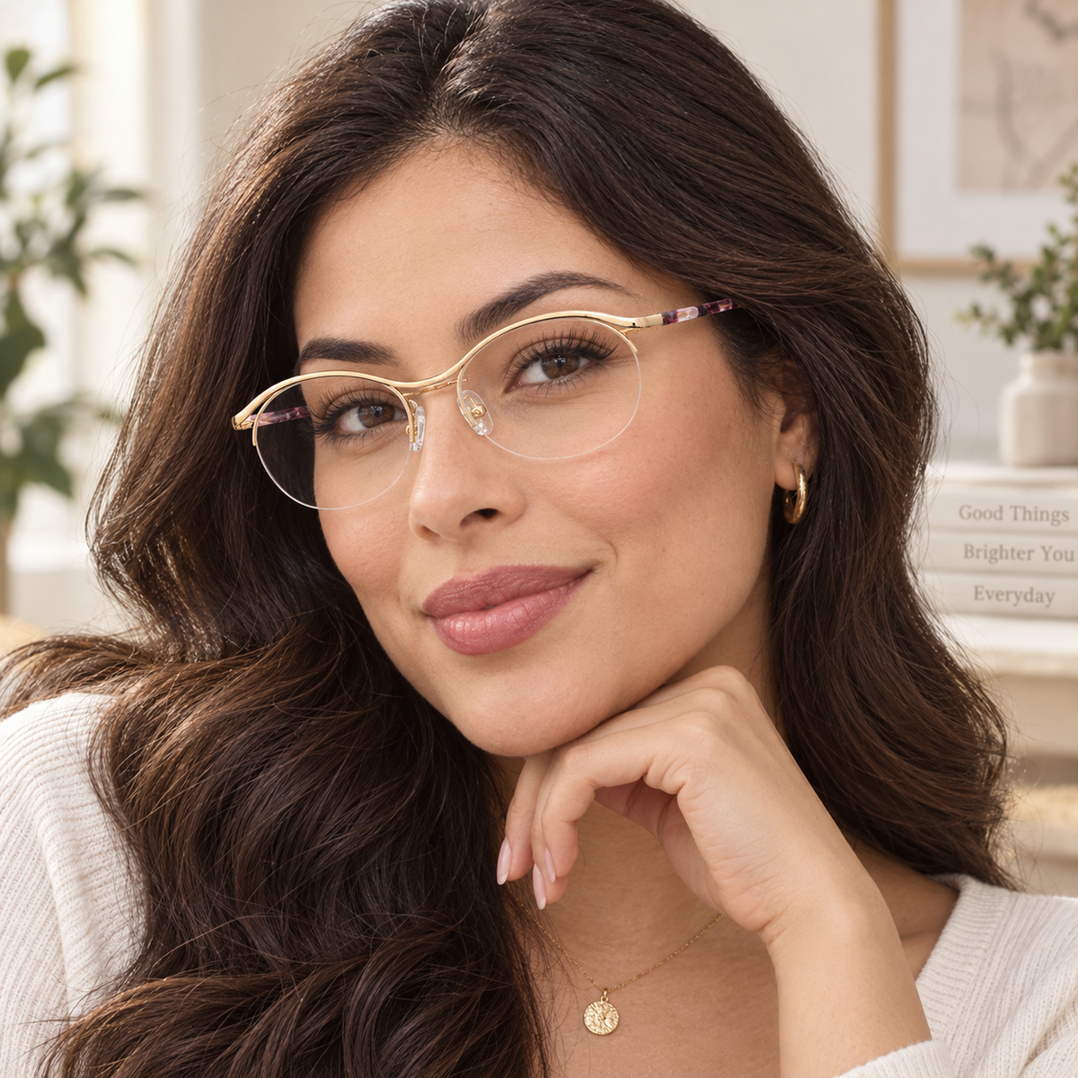 A woman with long wavy brown hair wearing gold metal rim eyeglasses with clear lenses, posing in a bright indoor setting.
