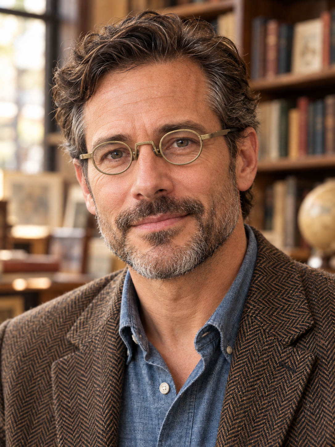a man with retro small round titanium glasses frames