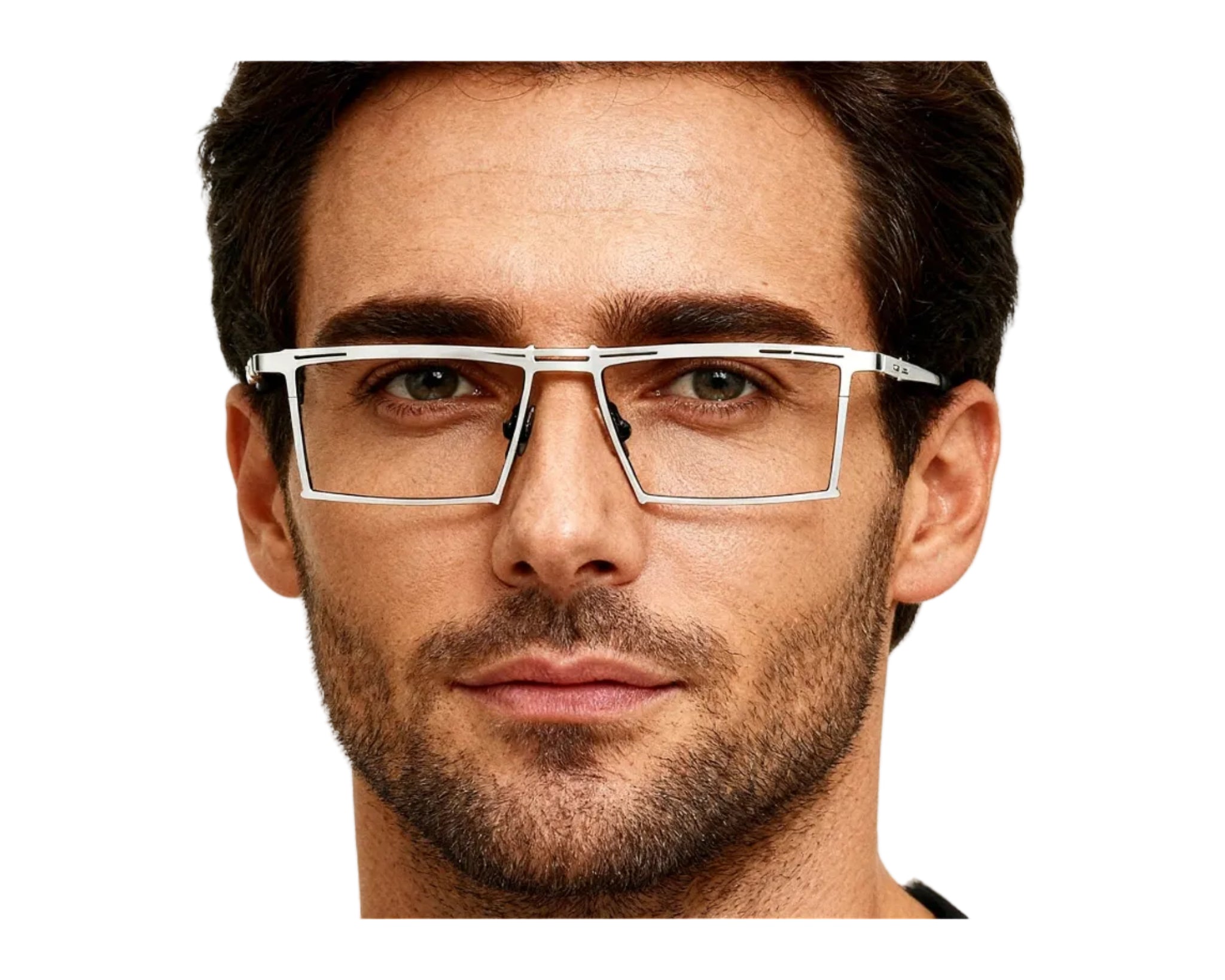 Close-up of a man wearing silver-framed glasses with a neutral background