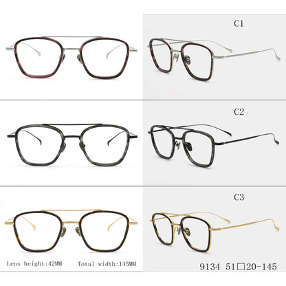 square-frame titanium eyeglasses, lens height 42MM, total width 145MM, and size 51–20-145. The frames include marbled brown, dark tortoiseshell, black, and gold