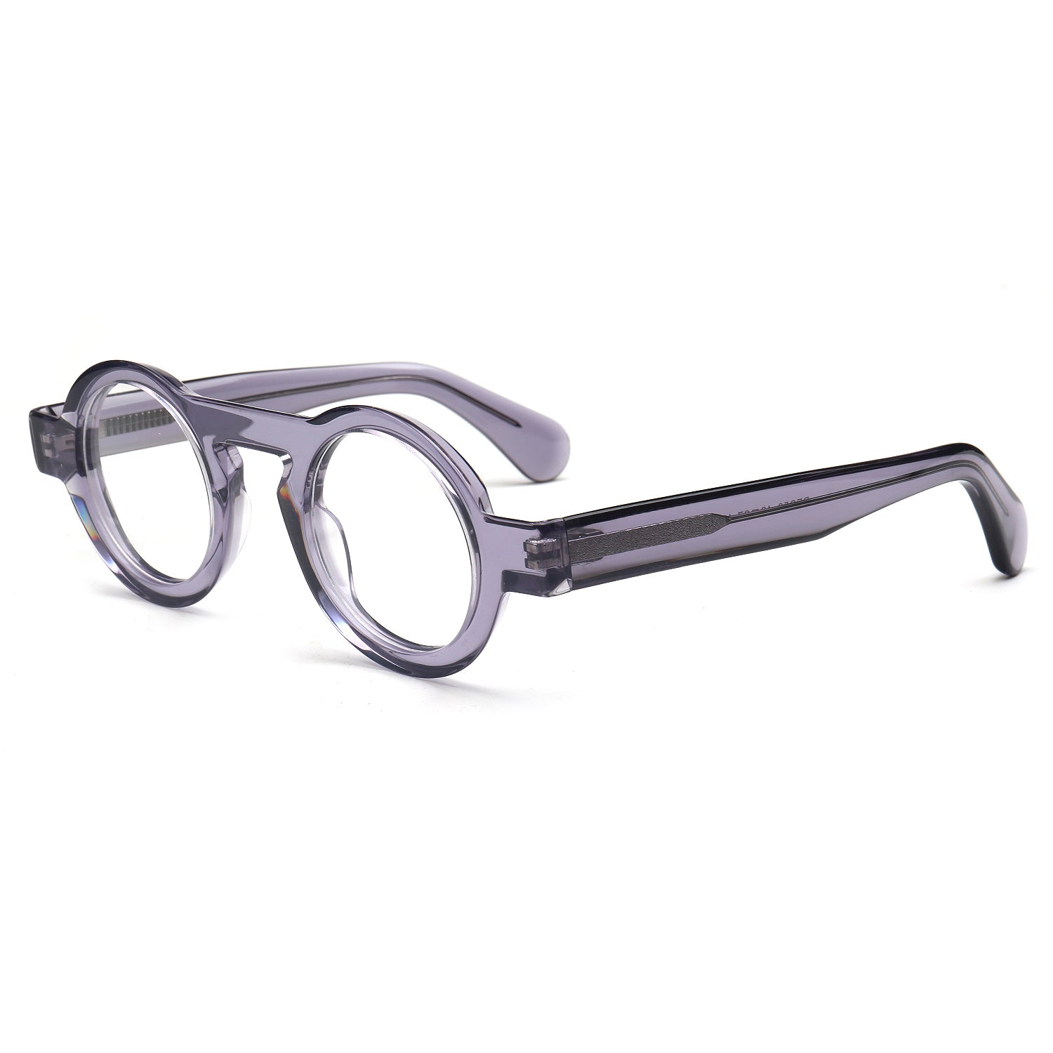 Round eyeglasses with translucent smoky purple frames and clear lenses, shown on a clean white background.