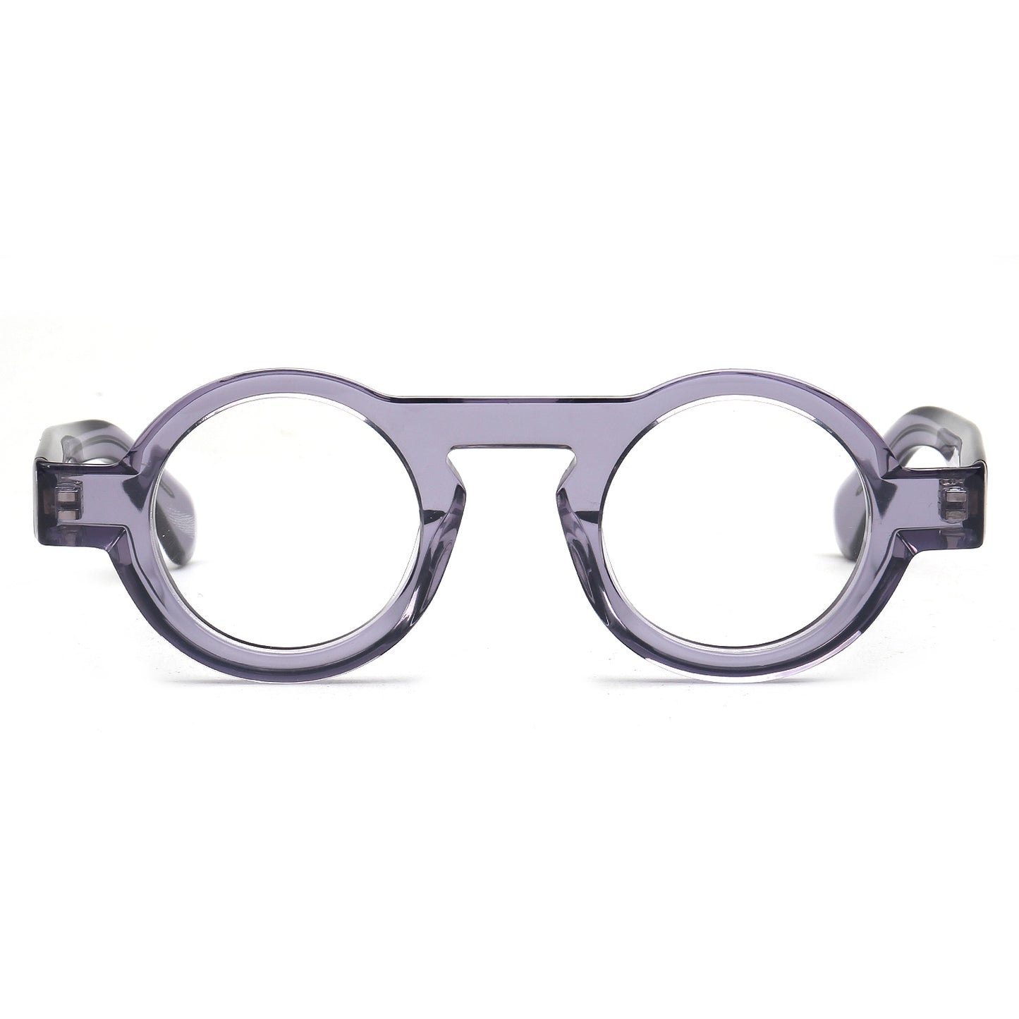 Round eyeglass frames made of translucent lavender-purple acetate, shown from the front on a plain white background.