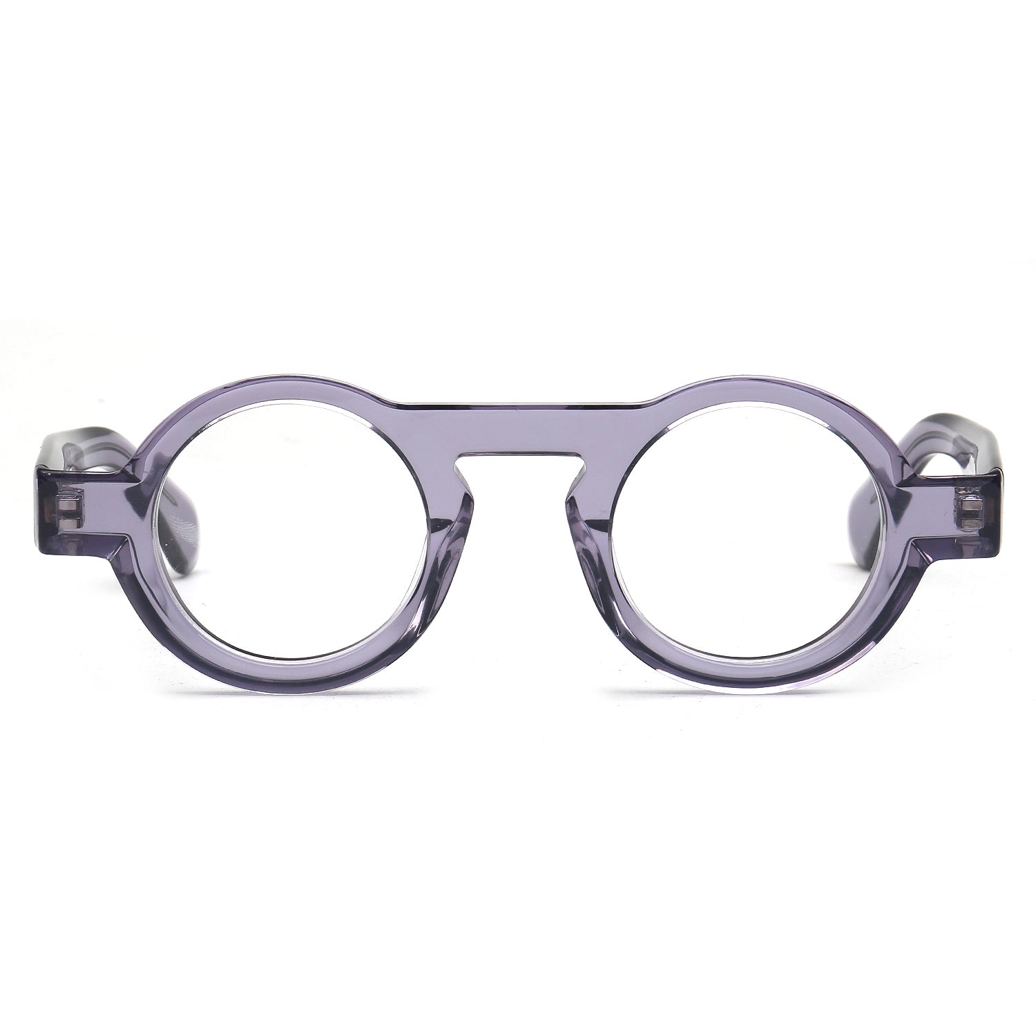 Round eyeglass frames made of translucent lavender-purple acetate, shown from the front on a plain white background.
