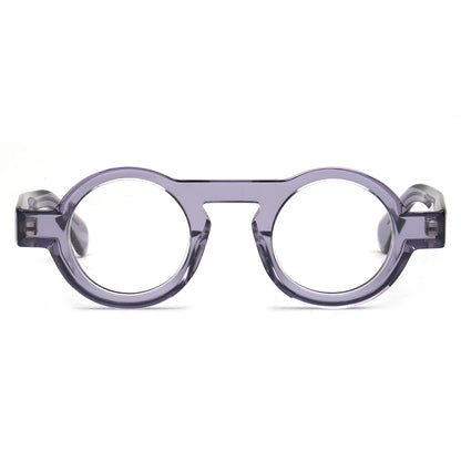 Round eyeglass frames made of translucent lavender-purple acetate, shown from the front on a plain white background.