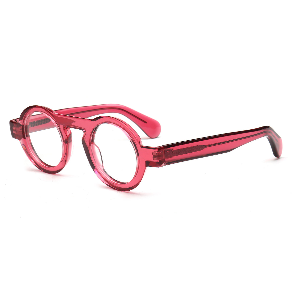 Round translucent pink eyeglass frames with clear lenses and matching temple arms, shown on a clean white background.