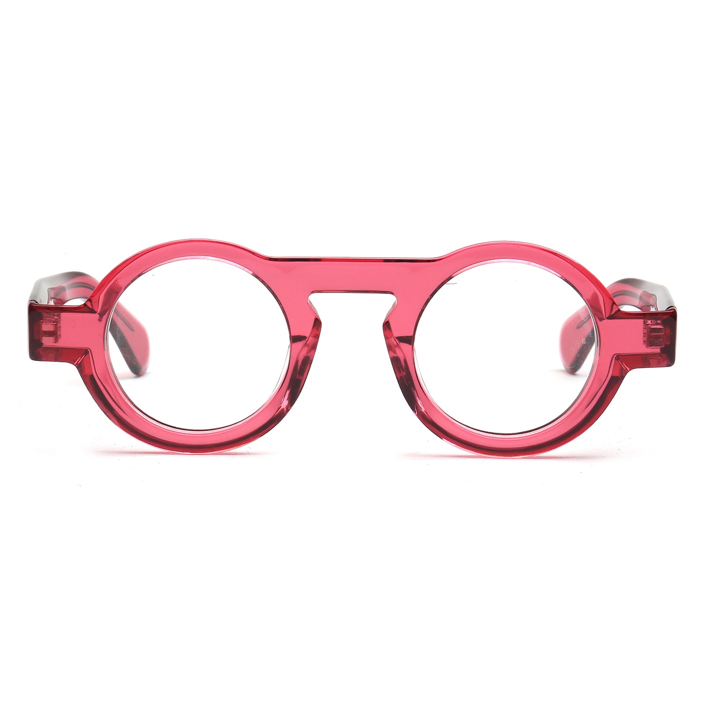 Round-frame eyeglasses with a translucent pink acetate frame and clear lenses, shown from the front on a white background.