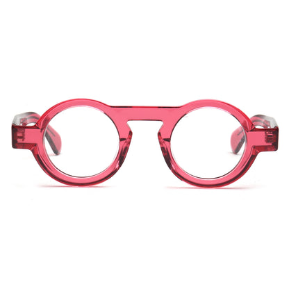Round-frame eyeglasses with a translucent pink acetate frame and clear lenses, shown from the front on a white background.