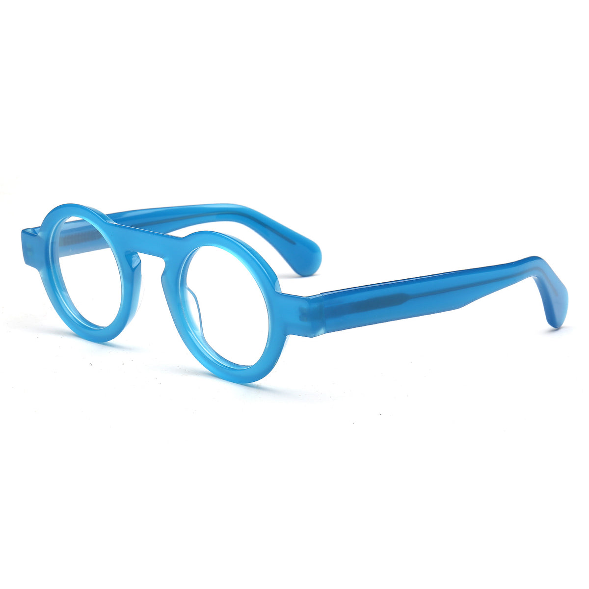 Blue translucent round-frame novelty glasses with thick temples, shown on a clean white background.