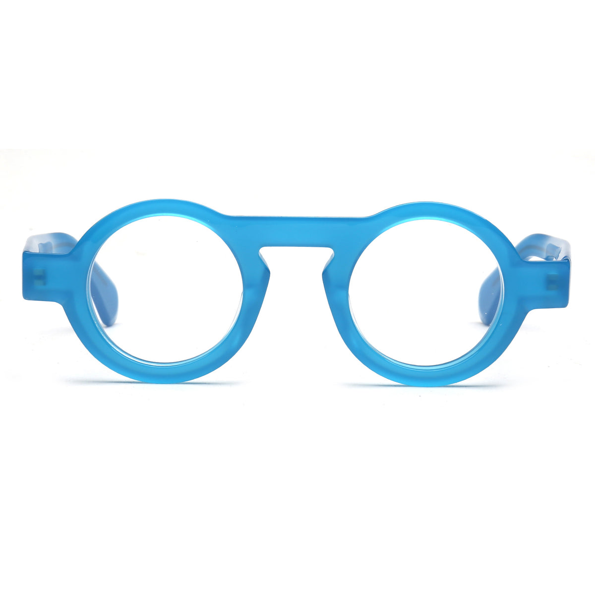 Blue translucent round-frame eyeglasses with clear lenses, shown from the front on a white background.