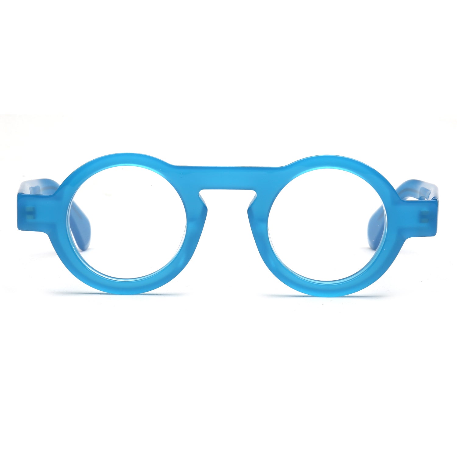 Blue translucent round-frame eyeglasses with clear lenses, shown from the front on a white background.