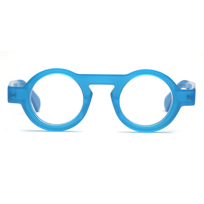 Blue translucent round-frame eyeglasses with clear lenses, shown from the front on a white background.