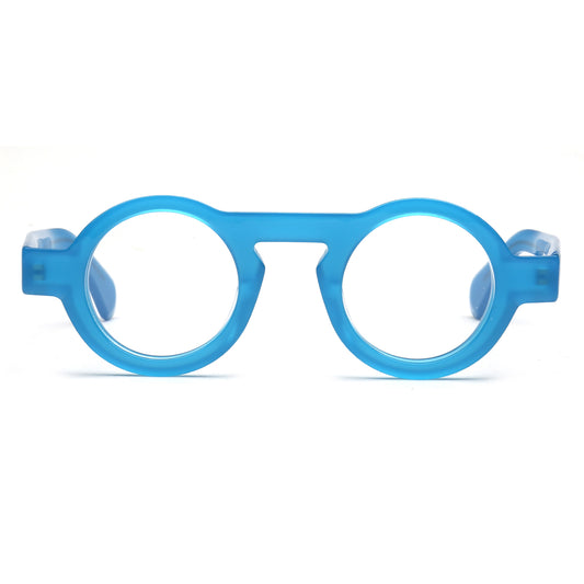 Blue translucent round-frame eyeglasses with clear lenses, shown from the front on a white background.