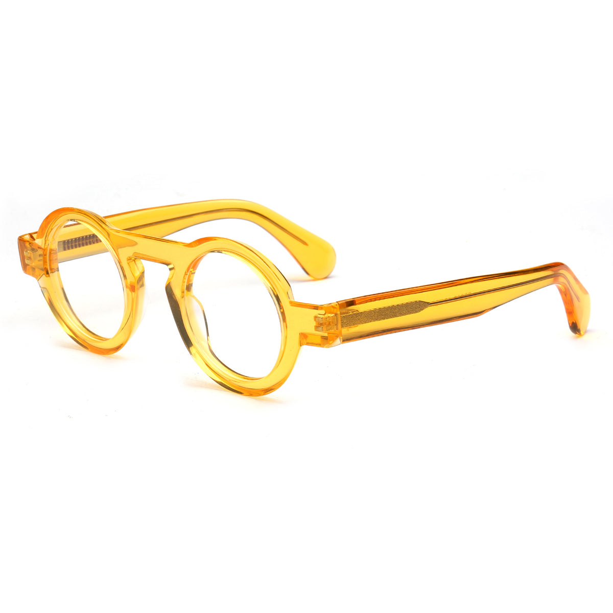Round translucent yellow-orange acetate eyeglasses on a solid white background.