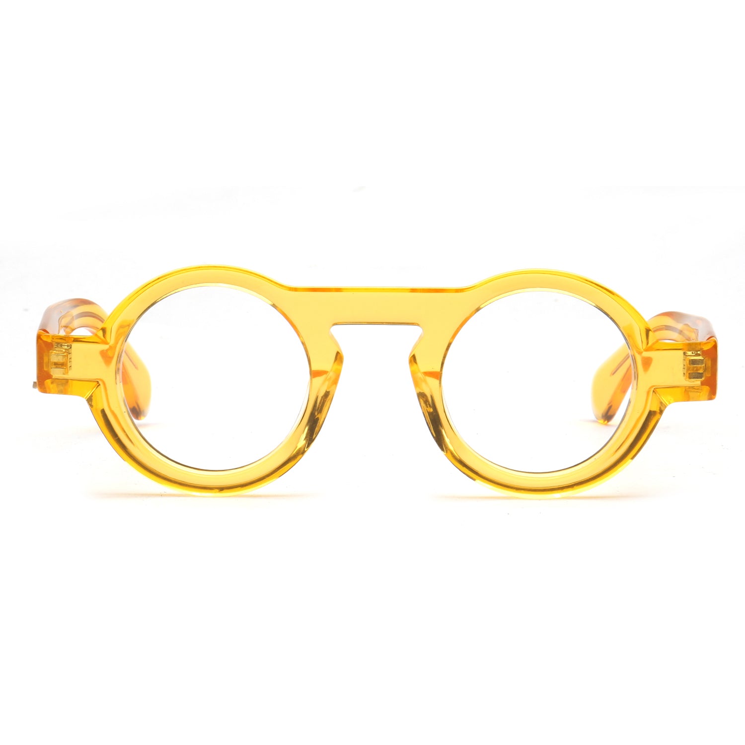 Round translucent yellow acetate eyeglasses frames with clear lenses, shown from the front on a white background.