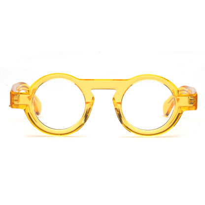 Round translucent yellow acetate eyeglasses frames with clear lenses, shown from the front on a white background.