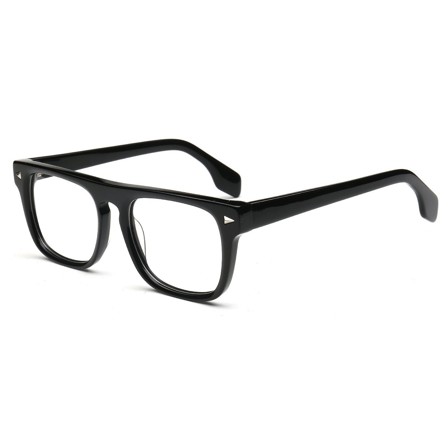 Black acetate eyeglass frames with a thick rectangular border and clear lenses, shown at a three-quarter angle on a white background.