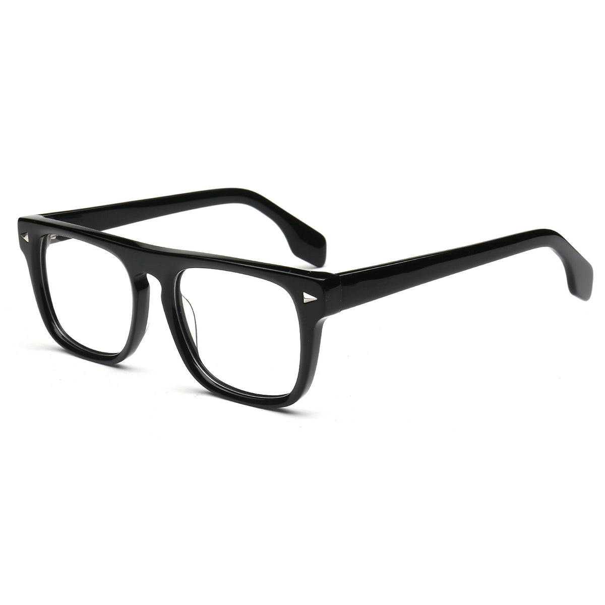 Black acetate eyeglass frames with a thick rectangular border and clear lenses, shown at a three-quarter angle on a white background.