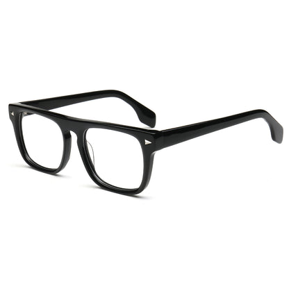 Black acetate eyeglass frames with a thick rectangular border and clear lenses, shown at a three-quarter angle on a white background.