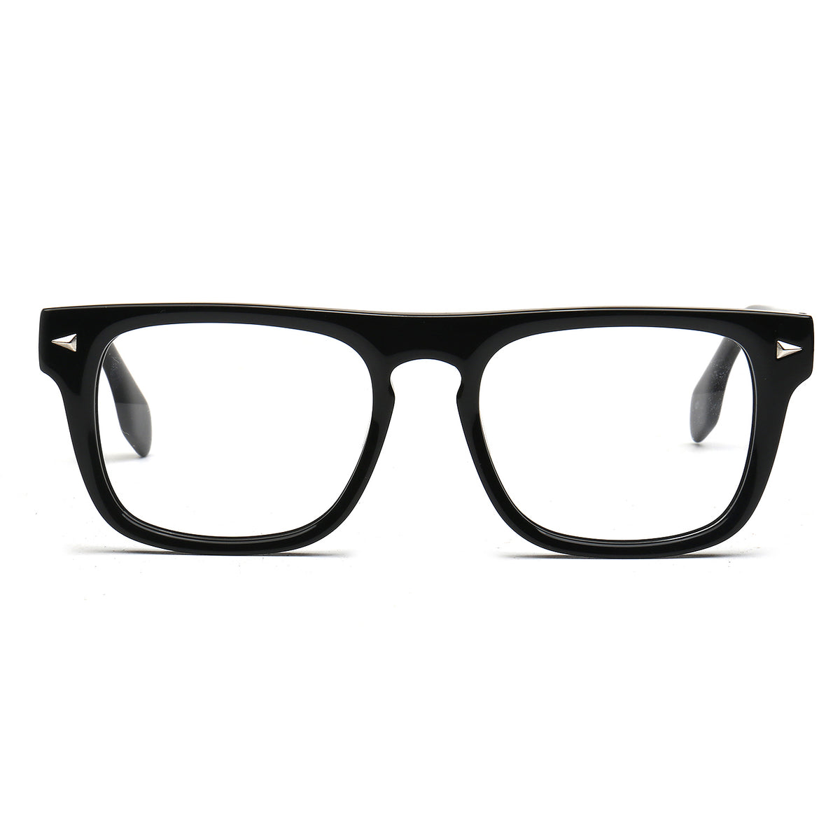 Black rectangular eyeglasses with a thick frame and clear lenses, shown from the front on a white background.