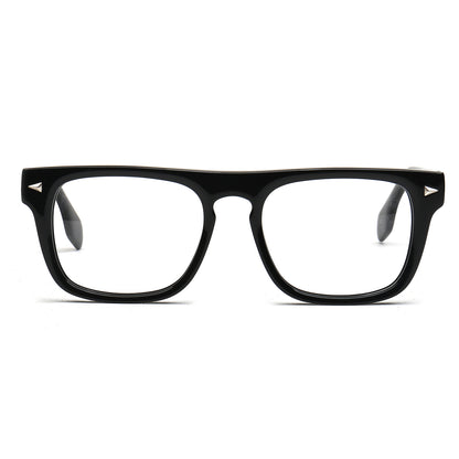 Black rectangular eyeglasses with a thick frame and clear lenses, shown from the front on a white background.
