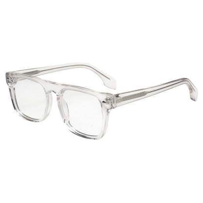 Clear acetate square-frame eyeglasses with transparent lenses and matching clear temple arms, shown on a plain white background.