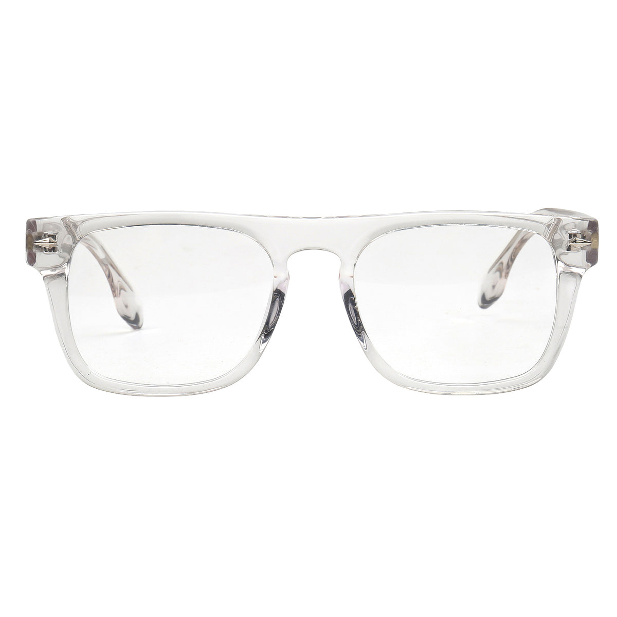 Clear acetate square eyeglasses with transparent lenses and silver metal hinges, shown from the front on a white background.