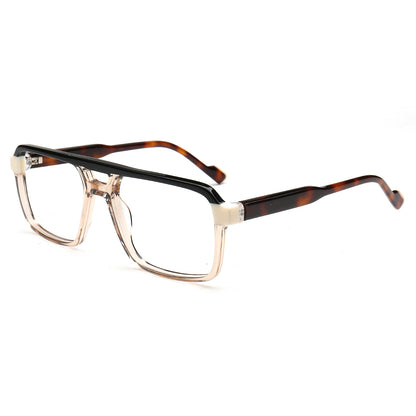 A pair of men's square eyeglasses featuring a black brow bar, clear acetate front rims, and tortoiseshell temples with cream-colored metal accents.