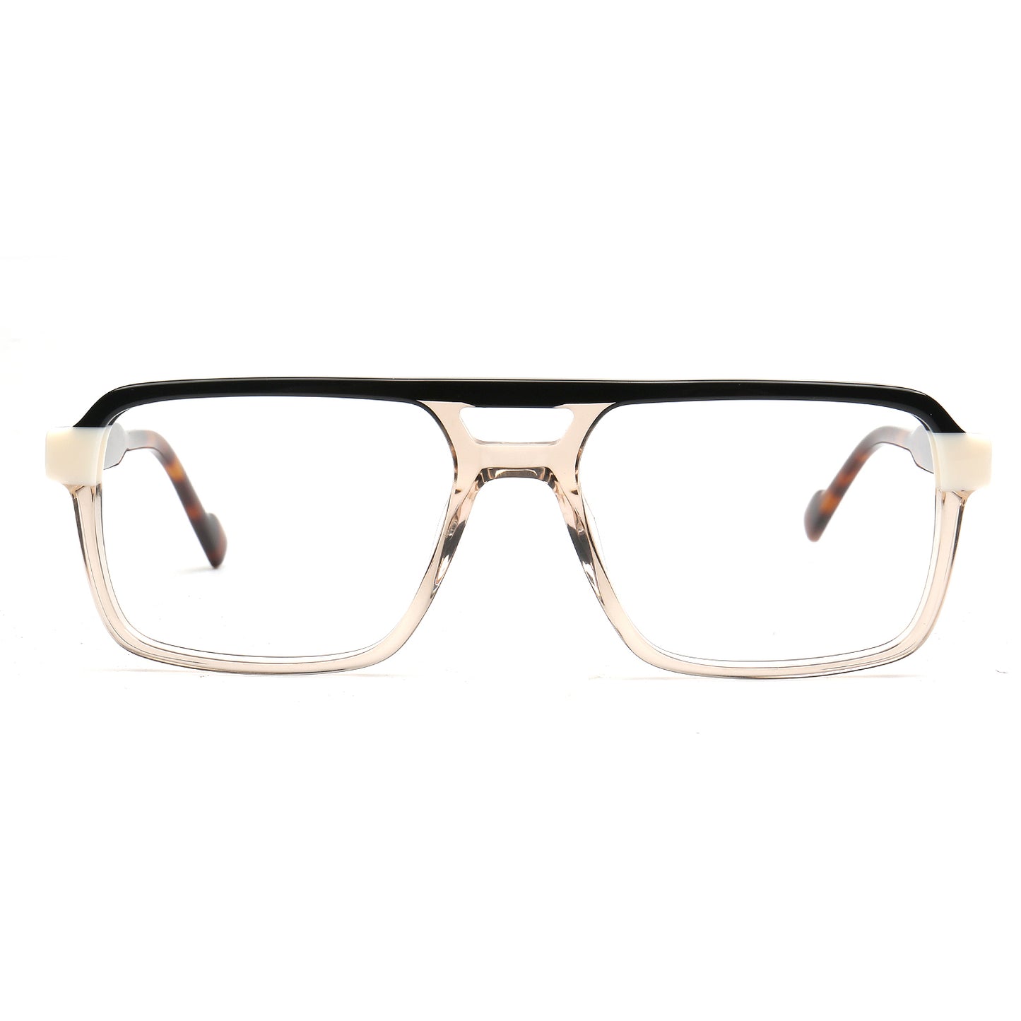 Rectangular eyeglasses with a thick black top brow bar, clear acetate lower frames, and tortoiseshell temple tips on a white background.