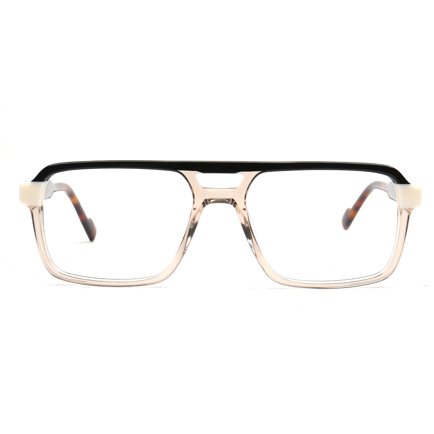 Rectangular eyeglasses with a thick black top brow bar, clear acetate lower frames, and tortoiseshell temple tips on a white background.