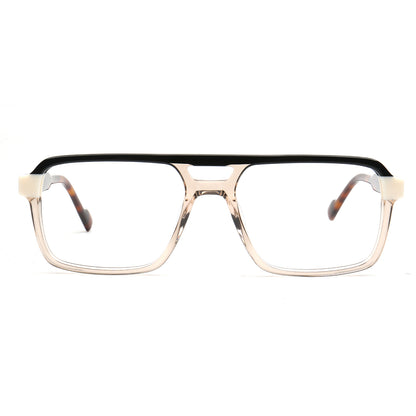 Rectangular eyeglasses with a thick black top brow bar, clear acetate lower frames, and tortoiseshell temple tips on a white background.
