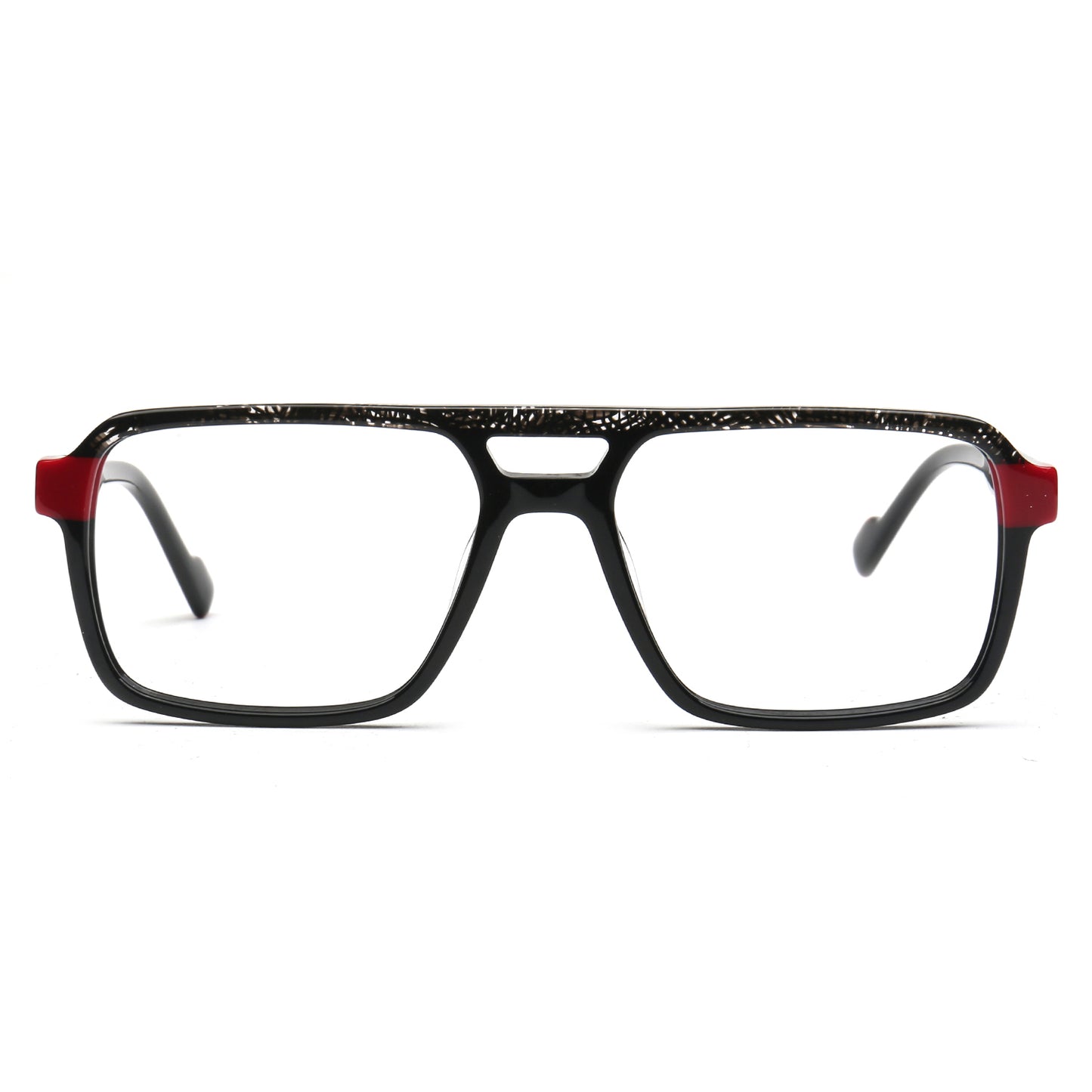Rectangular eyeglasses with a black frame featuring a subtle speckled pattern on the upper brow, red temple tips, and clear lenses.