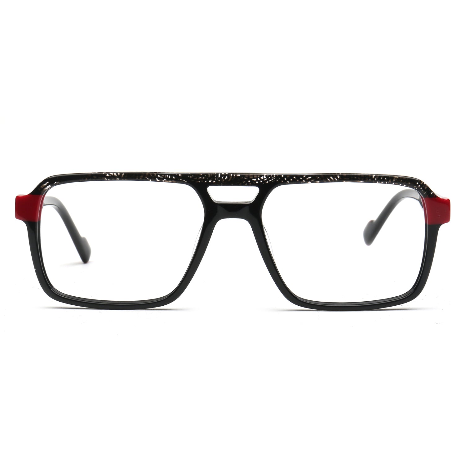 Rectangular eyeglasses with a black frame featuring a subtle speckled pattern on the upper brow, red temple tips, and clear lenses.