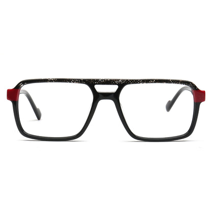 Rectangular eyeglasses with a black frame featuring a subtle speckled pattern on the upper brow, red temple tips, and clear lenses.