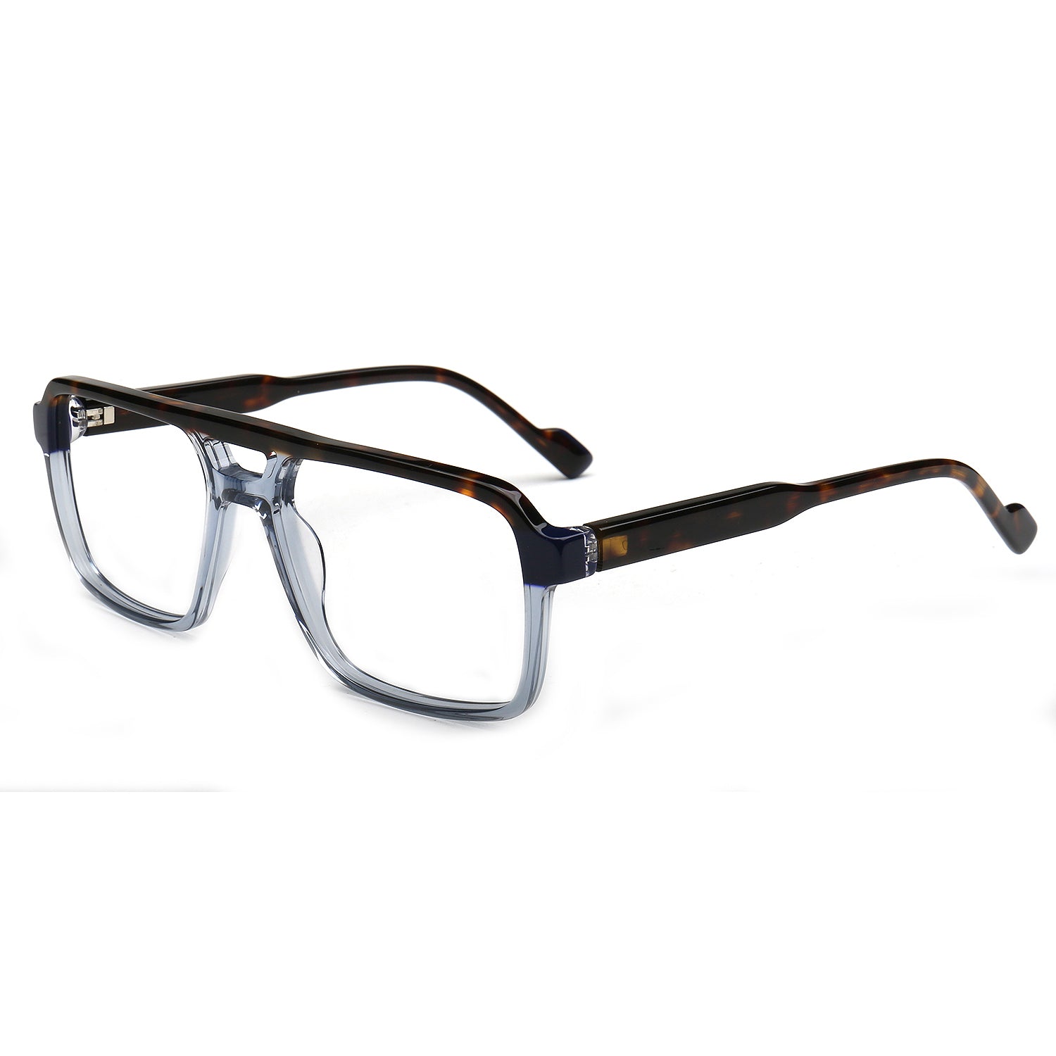 A pair of men's square eyeglasses with a translucent smoky gray acetate front and dark tortoiseshell temples, shown on a plain white background.