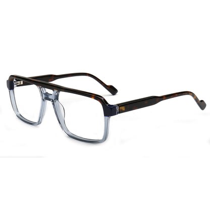A pair of men's square eyeglasses with a translucent smoky gray acetate front and dark tortoiseshell temples, shown on a plain white background.